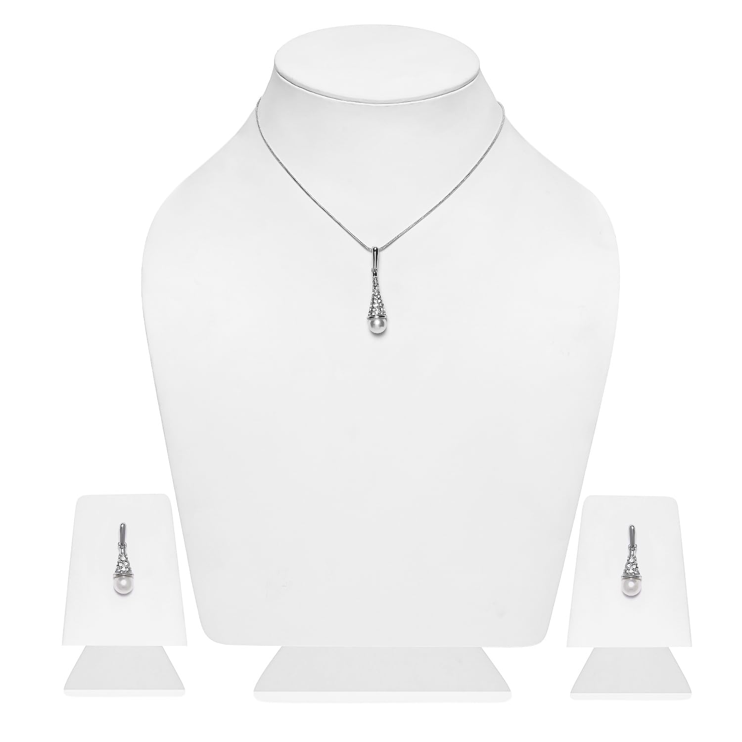 Rhodium Plated Necklace Set with Pearl Drop